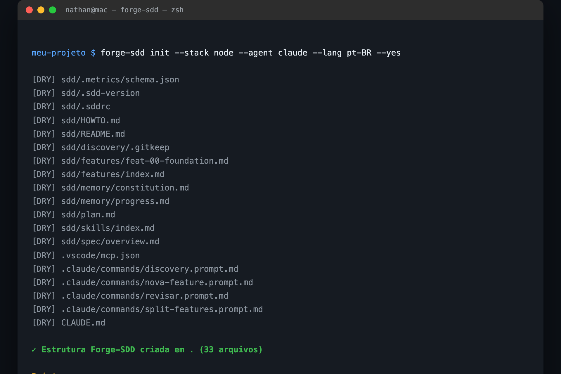 Terminal executando forge-sdd init e criando a estrutura de pastas sdd/