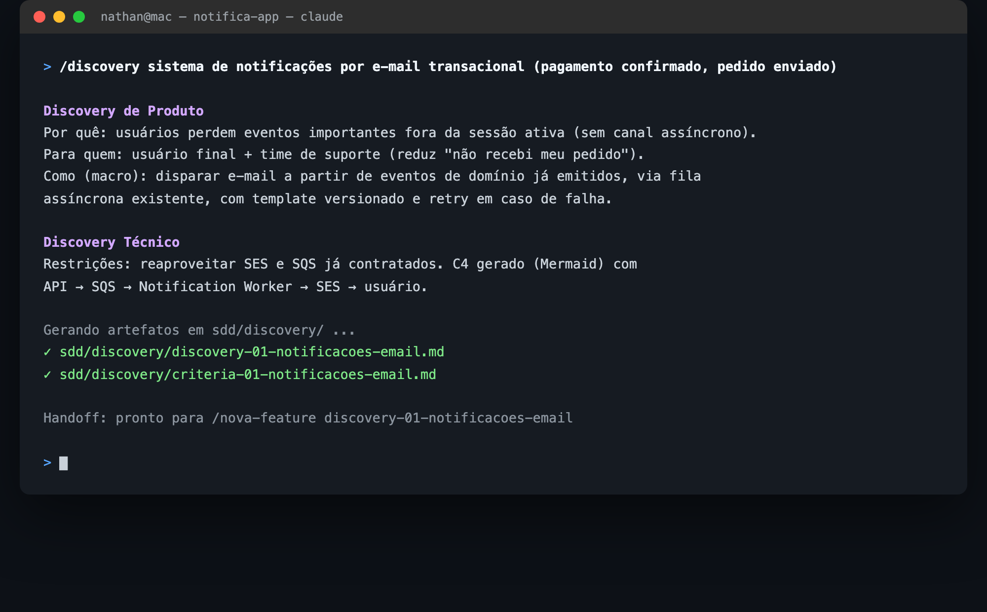 Terminal executando o comando /discovery e gerando os artefatos de discovery e criteria