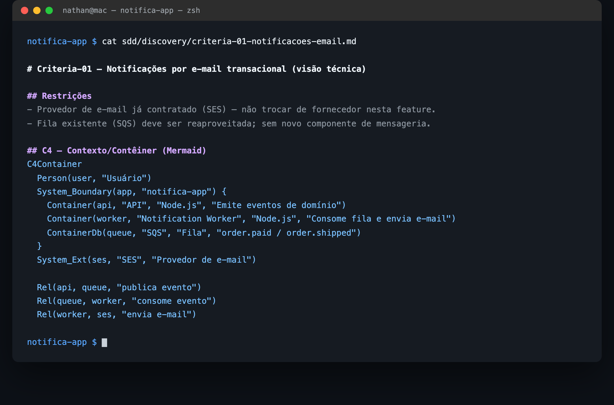 Conteúdo real do arquivo criteria gerado, incluindo diagrama C4/Mermaid