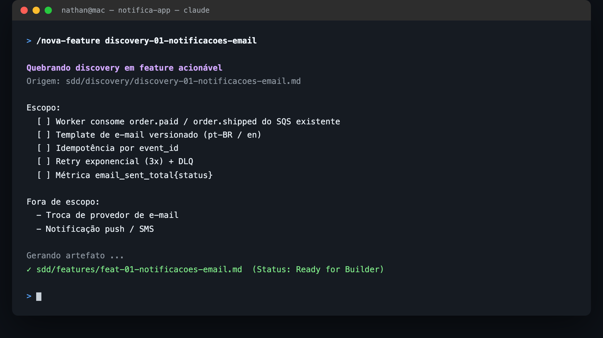 Terminal executando o comando /nova-feature e criando o arquivo de especificação da feature
