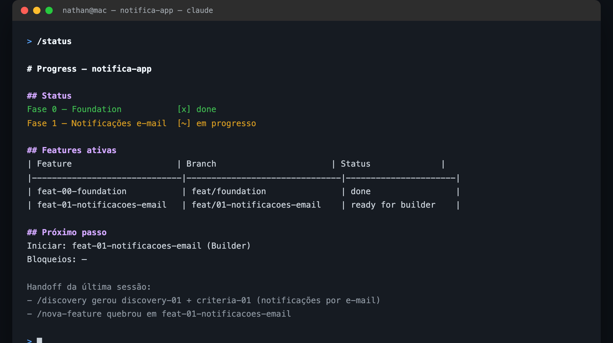 Terminal executando o comando /status e exibindo o progress.md atualizado do projeto